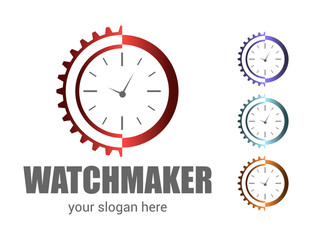 Watchmaker or clockmaker abstract logo. Watchmaking School sign. Watch restoration icon. Clock repair service.
