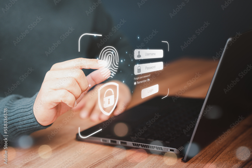 Poster Man typing login user and password, Cyber security concept, Secure encryption and access to the user's private information to access the Internet.