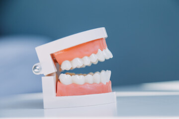 Stomatology concept, partial portrait of girl with strong white teeth looking at camera and smiling, fingers near face. Closeup of young woman at dentist's, studio, indoors