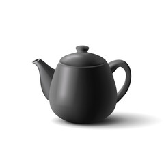 Black classic teapot, realistic 3D. Ceramic dishes for advertising your product on a white background.