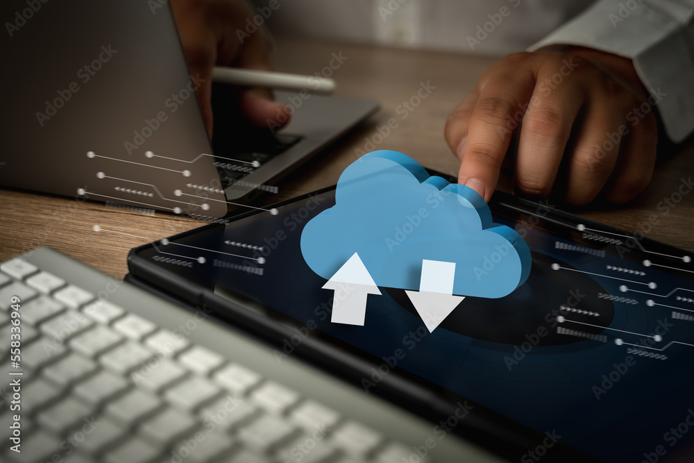 Poster cloud computing businessman connect devices to cloud technology networking cloud computer