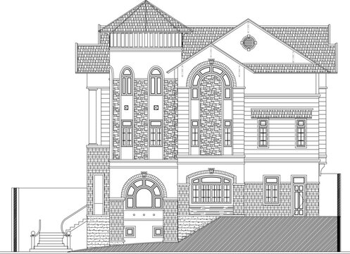sketch vector illustration of vintage old villa house view church model