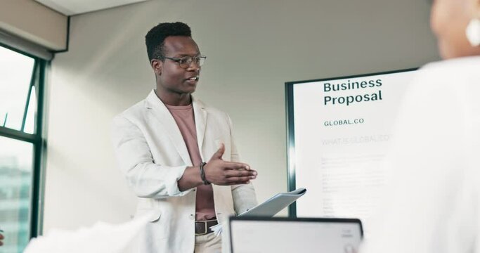 Proposal, presentation or black man in a business meeting speaking of our vision, mission or financial goals. Entrepreneur, speaker or businessman talking about startup company funding or sponsorship