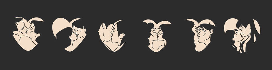 Hand drawn vector abstract graphic illustration Valentines day design,with drawing kissing couple in heart silhouette.Love couple kissing,couple together.Valentines day love beautiful design concept.