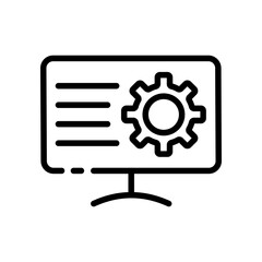 Computer line icon. Web page, gear, parameters, settings, window, personality, personalization, internet, browser, application, work, business. Technology concept. Vector black line icon