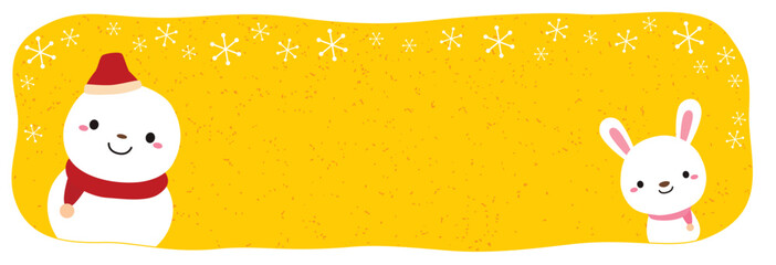 雪だるまとうさぎの冬バナー/黄色 横長/文字なし