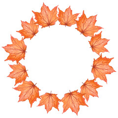 Fototapeta premium Watercolor circle frame of maple red leaves. Wreath of autumn leaves