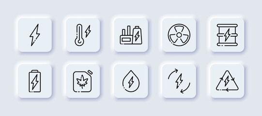 Energy line icon set. Neomorphism, lightning, heating, accumulator, battery, hydropower, nuclear, recyclable resources, nuclear power plant, fuel. Technology concept. Vector black line neomorphic icon