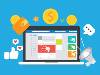 Computer laptop with social media advertising website. social ads digital marketing concept. Vector illustration