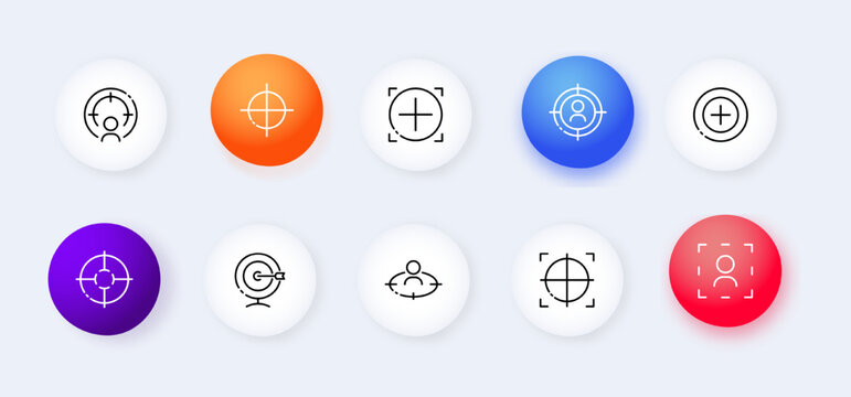 Target neomorphic line icons set. Eye, focus, attention, attentiveness, surveillance, aspiration, confidentiality, safety, landmark. privacy concept. Vector neomorphic black line icons set