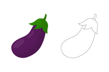 A set of Purple eggplant and outline isolated on a white background