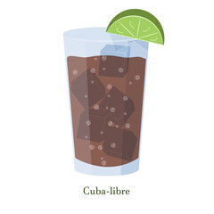 National Cuban alcoholic cocktail with a piece of lime and ice in a glass. Illustration of Cuba Libre. Latin American drink. Feedom island symbol beverage