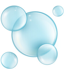 Water bubbles set PNG isolated. Translucent Cosmetic aqua. Realistic blue bubbles with reflection.