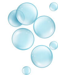 Water bubbles set PNG isolated. Translucent Cosmetic aqua. Realistic blue bubbles with reflection.