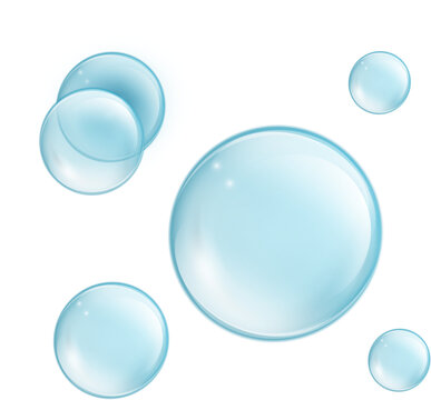Water bubbles set PNG isolated. Translucent Cosmetic aqua. Realistic blue bubbles with reflection.