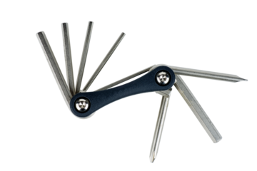 Multitool for repair of bicycles with various attachments with allen wrenches and screwdrivers on white background