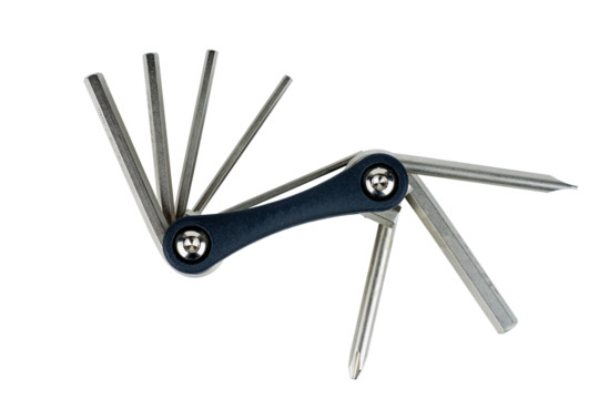 Multitool for repair of bicycles with various attachments with allen wrenches and screwdrivers on white background