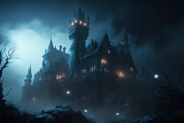 Vampire castle, night, fog, dark fantasy, haunted castle, landscape, art illustration - obrazy, fototapety, plakaty