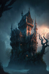 Vampire castle, night, fog, dark fantasy, haunted castle, landscape, art illustration