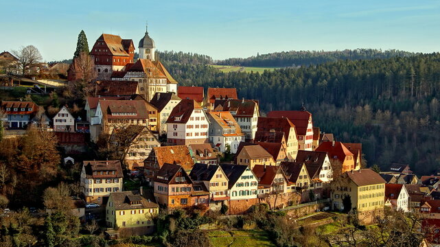 malerische Ansicht auf Stadt Altensteig im Schwarzwald mit bunten mittelalterlichen H&auml;usern am Berg gelegen