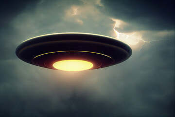 Black UFO floating in the sky, lightning in the gloomy sky with Generative AI