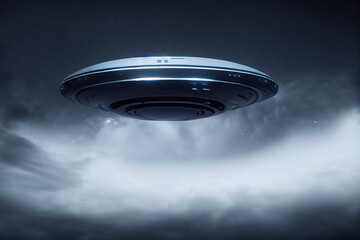 UFO aircraft fly above the thick clouds almost reaching the atmosphere with Generative AI
