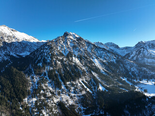 Aerial view snowy mountains Wildfräuleinstein, Stuibenkopf, Zerenkopf, Gehrenkopf and Mittagsspitze, Bavaria, Bad Hindelang, Hinterstein, Hintersteiner valley, Germany