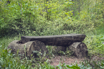 Fototapeta na wymiar Vintage old wooden bench made of natural materials in the shady part of the garden or park, outdoors. Empty bench under a tree in the park, a good place to relax