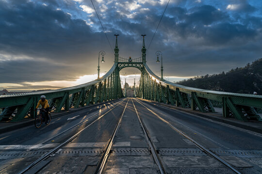 Empty bridge at sunset, Liberty Bridge in Budapest