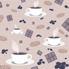 Pattern with coffee cups, coffee beans, cookies and chocolate. Vector illustration. 