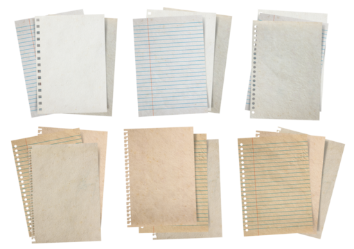 Stack of old papers set isolated on white background