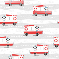 Seamless pattern with ambulance car, medical rescue team ornament for kids with panda