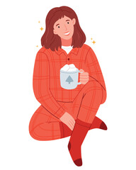 A girl in red checkered pajamas is drinking cocoa.Simple Hand drawn illustration.Christmas mood.