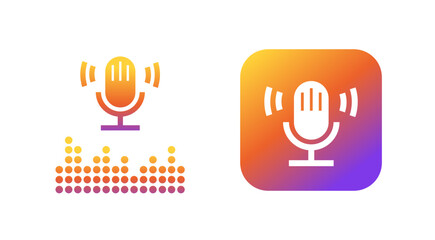 Podcast app icon vector or radio microphone modern design button, audio sound record mobile application in rounded square logo yellow orange red color, purple mic isolated image, voice studio logotype