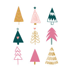 Hand drawn set of Christmas trees. Holidays modern background. Abstract doodle drawing woods. Vector art illustration