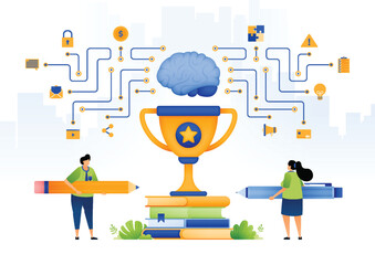 illustration of artificial intelligence for education. student recipients of scholarships based on Ai tech. tropy with brains and networks. can be used for web, website, posters, apps, brochures - obrazy, fototapety, plakaty