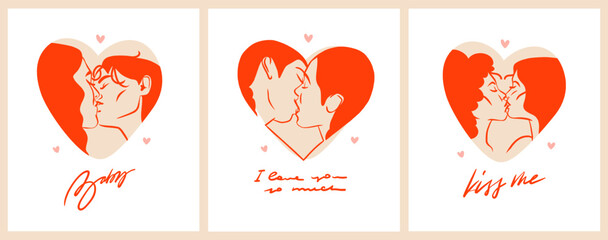 Hand drawn vector abstract graphic illustration Valentines day cards template, lesbian kissing couple portrait set in heart silhouette.Love couple kissing together.Valentines beautiful design concept.