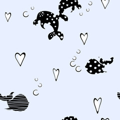 Seamless pattern underwater world with abstract texture. Dolphin and whale, hearts, bubbles and polka dots. Packaging template, graphic design, textile, clothing, bedding and wallpaper.