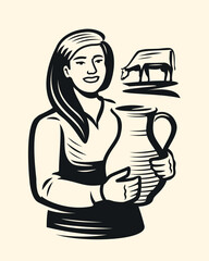 Happy milkmaid holding jug of fresh milk, near grazing cow. Dairy farm, creamery emblem or logo. Food and drink concept