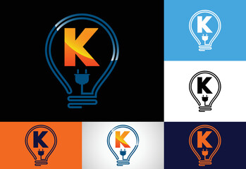 Initial alphabet K with an electric bulb. Electric bulb logo vector template. Electricity logo
