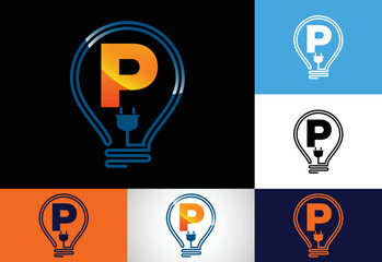 Initial alphabet P with an electric bulb. Electric bulb logo vector template. Electricity logo
