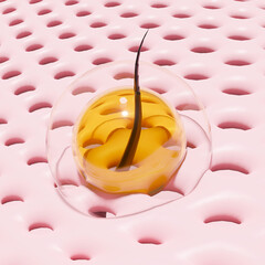 3d restore and nourish hair, scalp with shampoo, serum, treatment hair care, bubbles, oil liquid drop background. 3d render illustration