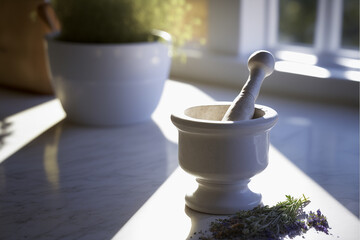 Mortar with Pestle Natural white stone Herb Lavander Thyme