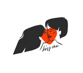 Hand drawn vector abstract graphic illustration Valentines day cards template, drawing kissing couple portrait set in heart silhouette.Love couple kissing together.Valentines beautiful design concept.