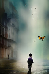 Boy in City Street with Fog and Smoke and Butterfly