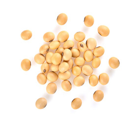 Soybeans isolated on white background. top view