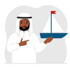 A man holds a sailing yacht in his hand. Concepts of freedom, hope and big plans. Hobby, sport or business.