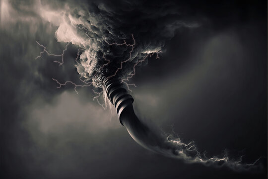 Un longue et fine tornade avec des &eacute;clairs - ambiance dramatique - illustration r&eacute;alis&eacute;e &agrave; l'aide d'un IA et retouch&eacute;e