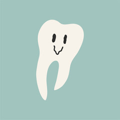 Smiling tooth on a blue background, hand drawn cartoon. Dental care. Oral health.