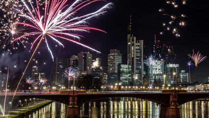 New years eve with fireworks above the skyline of Frankfurt - Main at night at a cold day in winter with colorful reflections in the water.